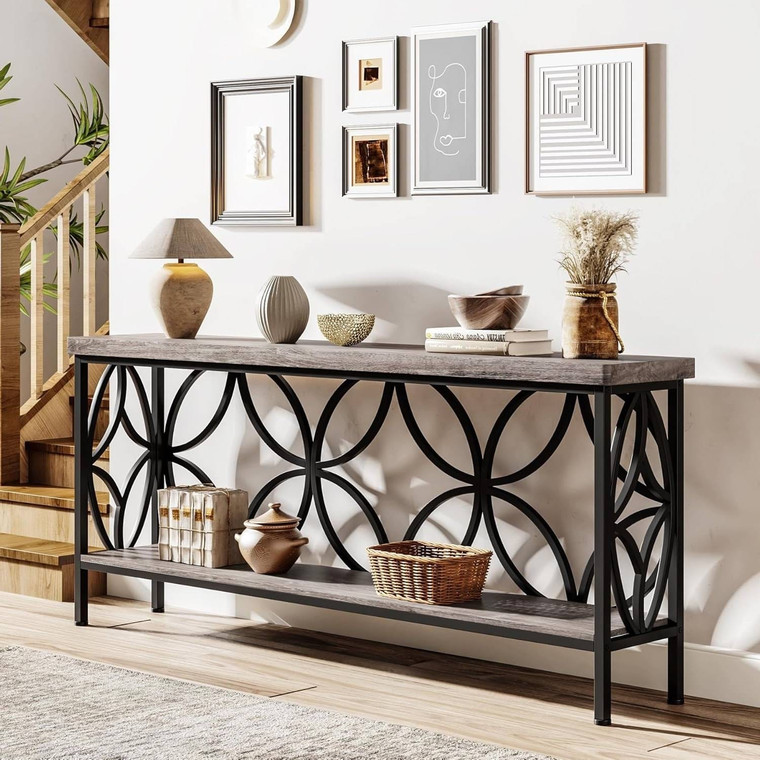 Modern 70-inch Long Narrow Foyer Entryway Table with Grey Wood Top and Shelf Q280-GRCSTBL169574762