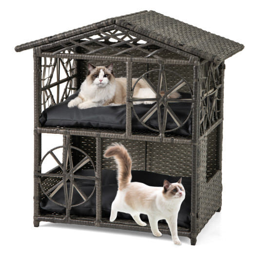 2-storey Wicker Cat House Rattan Kitten Condo Enclosure with Removable Cushions-Gray B593-PV10298