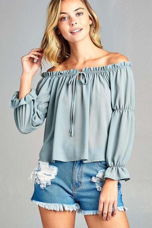 Women's Puff Long Sleeve Ruffled Front Tie Off Shoulder Top T396-MM3238-APR-S