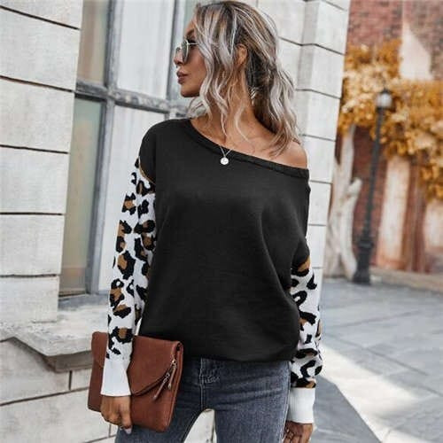 Contast Colors Leopard Prints Long Sleeves Autumn and Winter Fashion Women Top - Black A392-fast0162