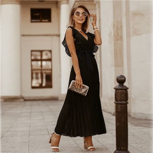 Fashionable Slender Ruffle Sleeve Solid Color Chiffon Pleated Beach Dress - Black A392-fasd0142