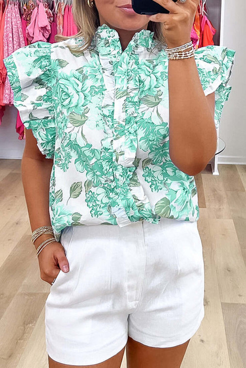 Green Floral Print Ruffle Sleeve Frilly Button Up Shirt T543-8786232672498