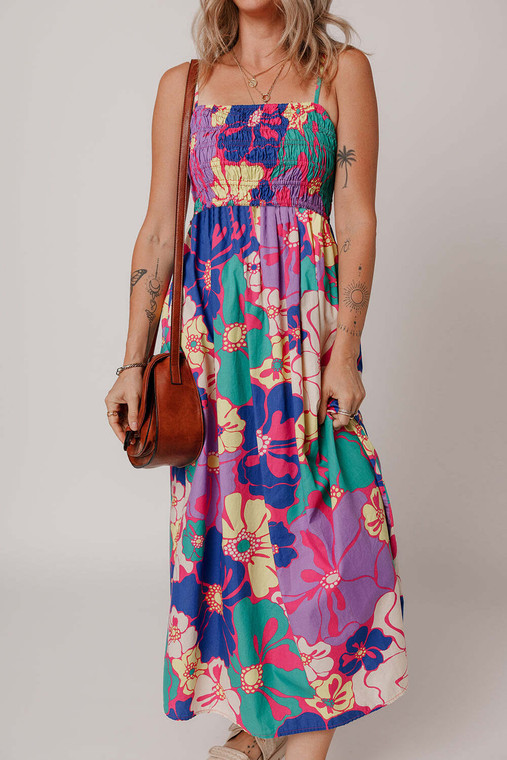 Purple Floral Print Shirred Spaghetti Strap Loose Maxi Dress T543-8784219406578