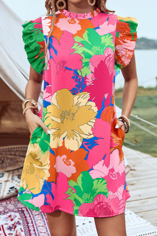 Pink Bold Floral Flutter Sleeve Shift Mini Dress with Pockets T543-8787419300082