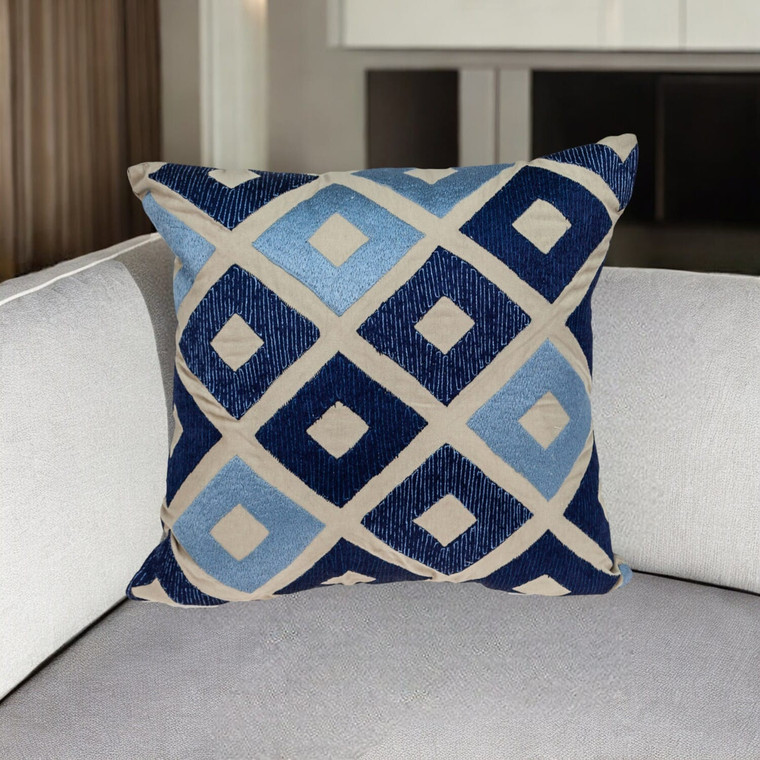 18" Beige and Blue Diamond Cotton Throw Pillow With Embroidery N270-529266