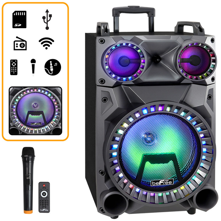 beFree Sound Rechargeable 12 Inch Bluetooth Portable Party Speaker with Party Lights, FM Radio and  D970-BFS-555X-RB
