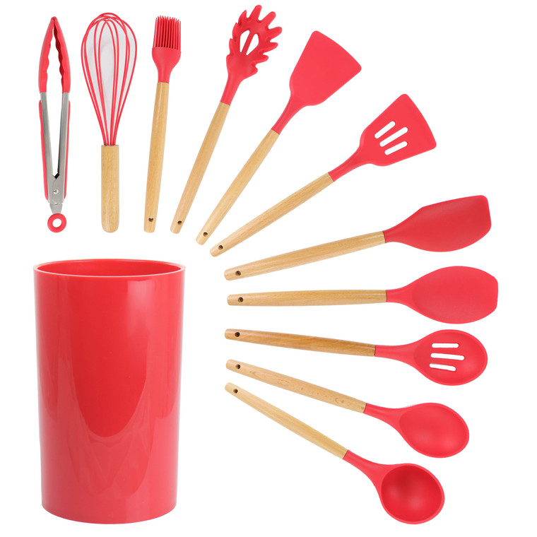 MegaChef Red Silicone and Wood Cooking Utensils, Set of 12 D970-MGSP-570