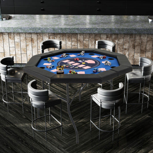 48 Inches Foldable Poker Table with Padded Rails and Cup Holders-Blue - Color: Blue D681-NP12057BL
