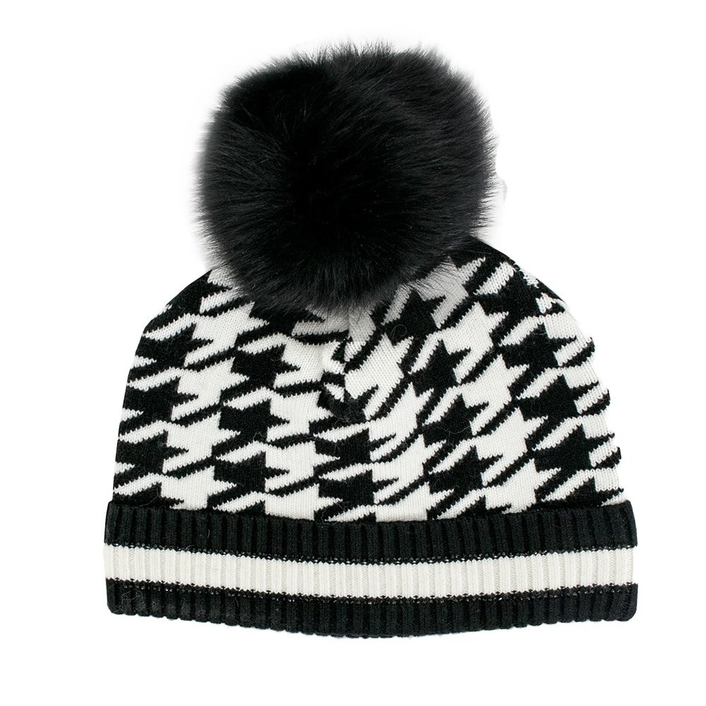 Peter Glenn Houndstooth Beanie with Real Fur Pom (Women's) - Peter