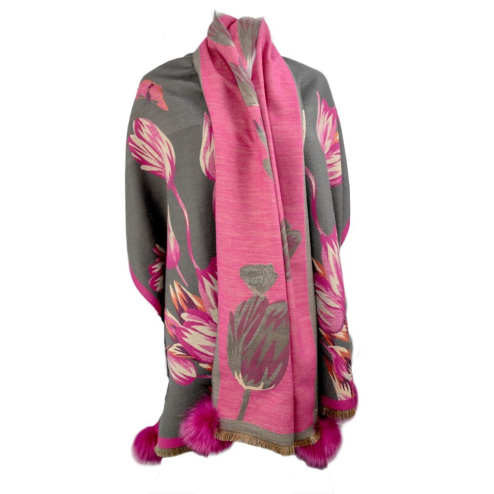 Peter Glenn Wide Large Tulip Print Scarf with Fox Fur Pom (Women's