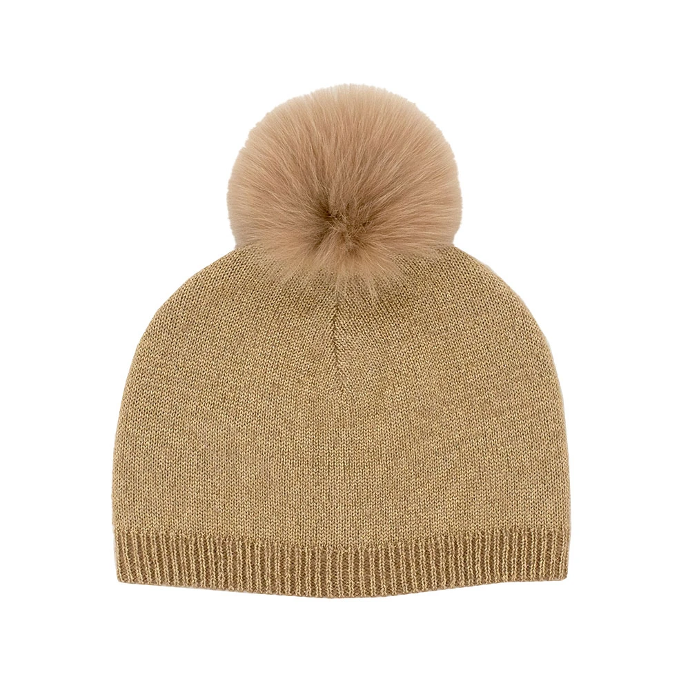 Tan Pearl Hat with Real Fur Pom Knit Hat with Faux Fur Pom and Pearl Detail – Surell Accessories main image 2