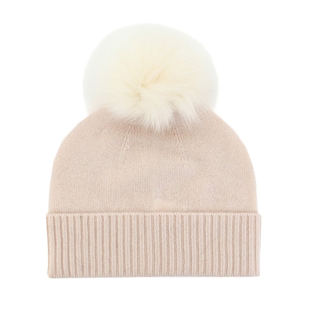 Peter Glenn Knit Cashmere Hat with Real Fox Fur Pom (Women's