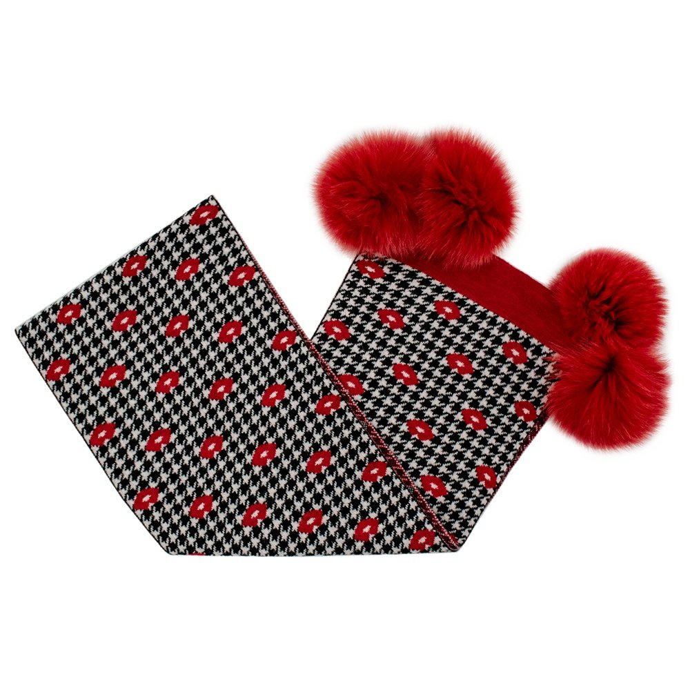 Peter Glenn Houndstooth Beanie with Real Fur Pom (Women's) - Peter
