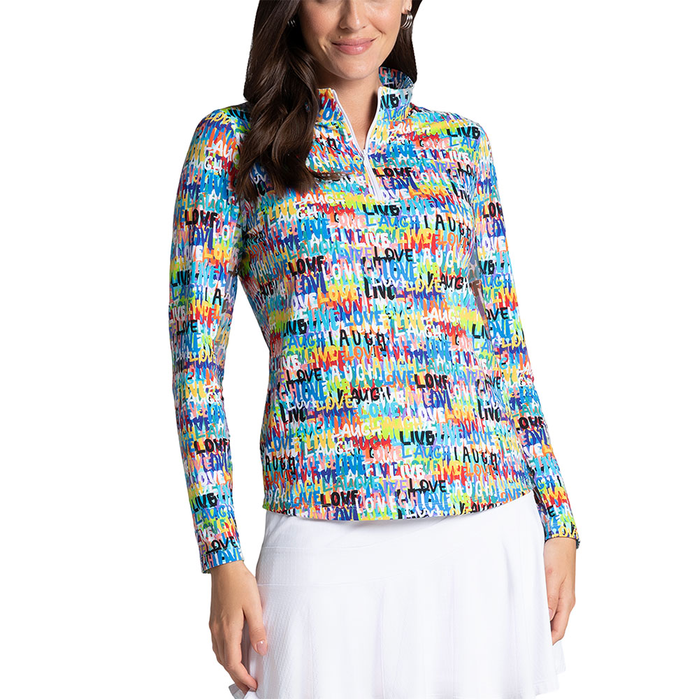Ibkul Live Laugh Love Long Sleeve 1/4 Zip Mock Neck Shirt (Women's