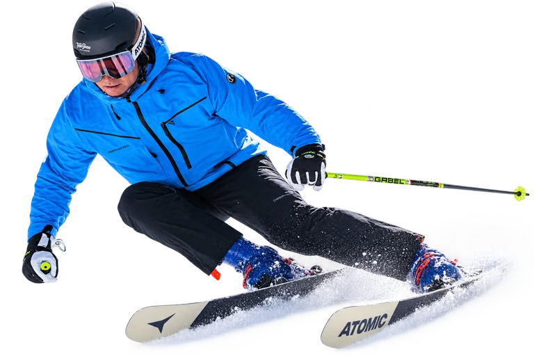 Skier carving during the Peter Glenn Pre-Season Sale