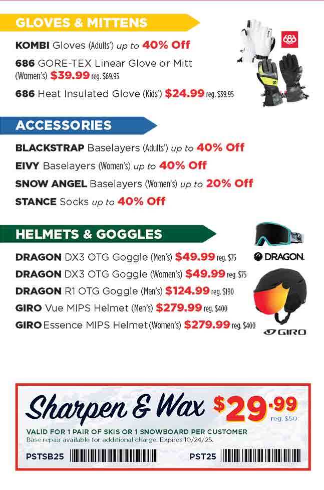 Ski Clothing, Skis, Boots & Bindings, Helmets & Goggles