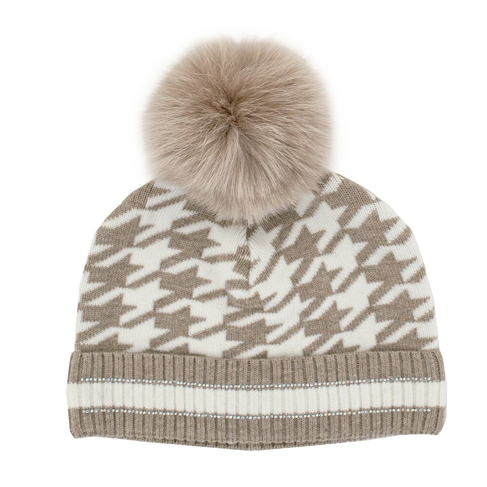 Peter Glenn Houndstooth Beanie with Real Fur Pom (Women's) - Peter
