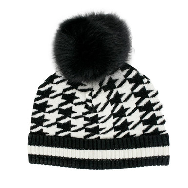 Peter Glenn Houndstooth Beanie with Real Fur Pom (Women's) - Peter