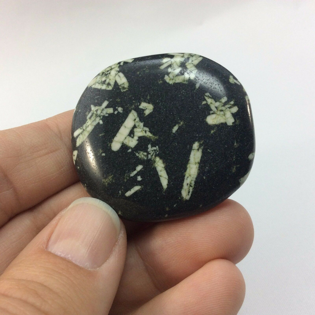 Chinese Writing Stone Porphory 171133 Palm Pocket Crystal Specimen Black White