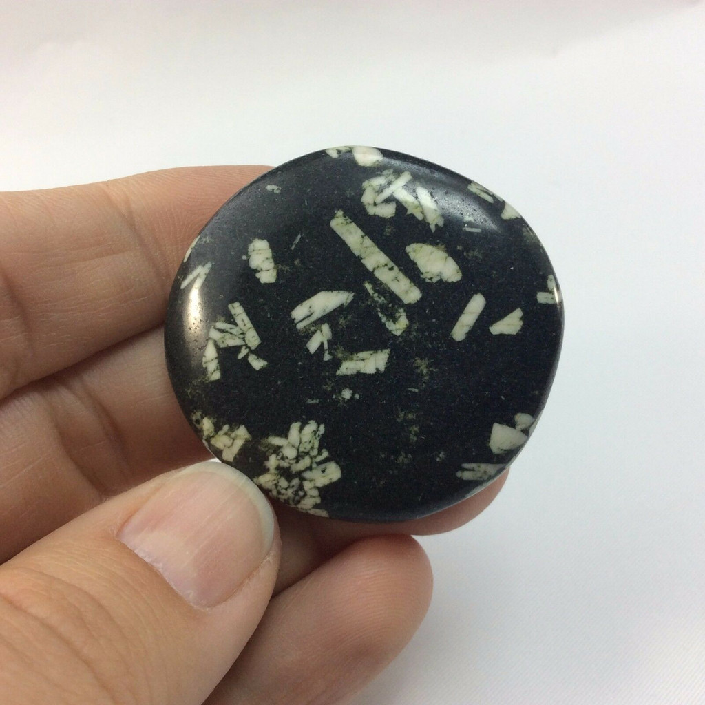 Chinese Writing Stone Porphory 171125 Palm Pocket Crystal Specimen Black White