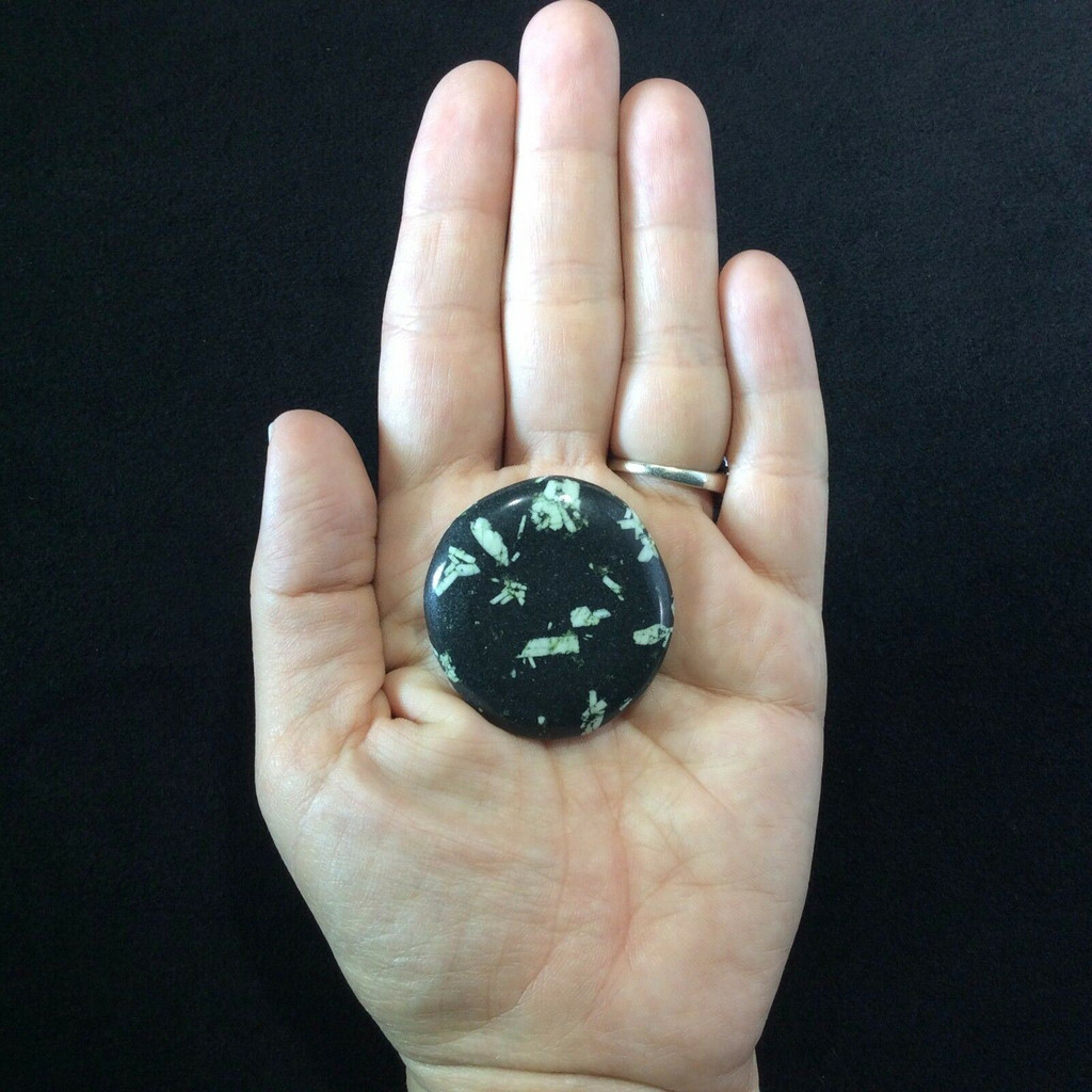 Chinese Writing Stone Porphory 171125 Palm Pocket Crystal Specimen Black White