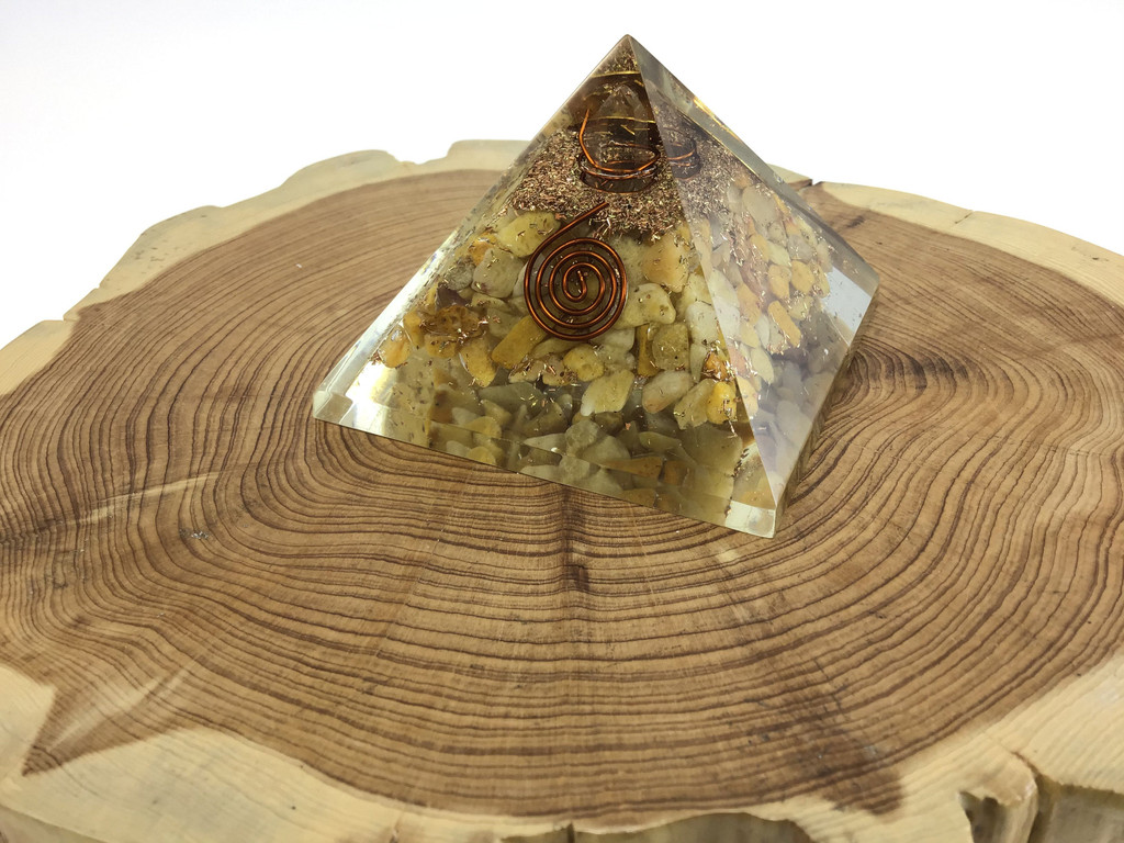3 inch Orgone Yellow Quartz Chips Pyramid with copper spiral and brass flakes crystal