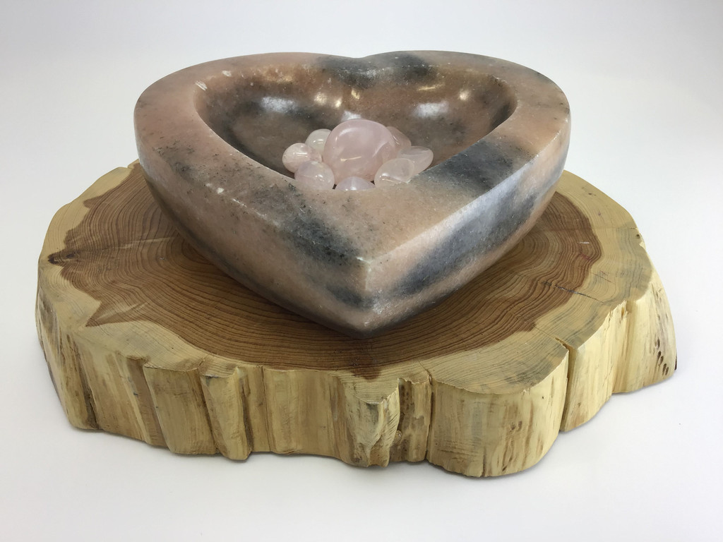 MeldedMind Sunstone bowl w/ Rose Quartz tumbles Promote Self Love 625