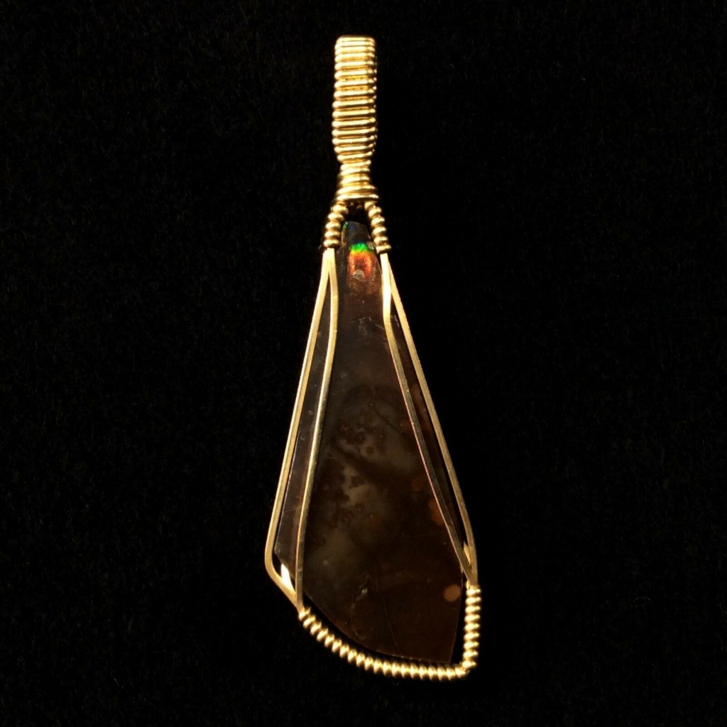 Wire Wrapped Ammolite Pendant 161002 Hand Crafted by Artist Fred Tunderman