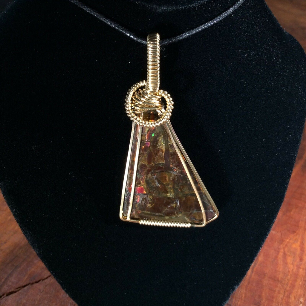 Wire Wrapped Ammolite Pendant 161006 Hand Crafted by Artist Fred Tunderman