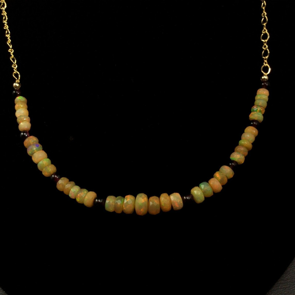 Gold Ethiopian Opal with Garnet Necklace 18in 10K Chain 14K Gold Clasp 161088