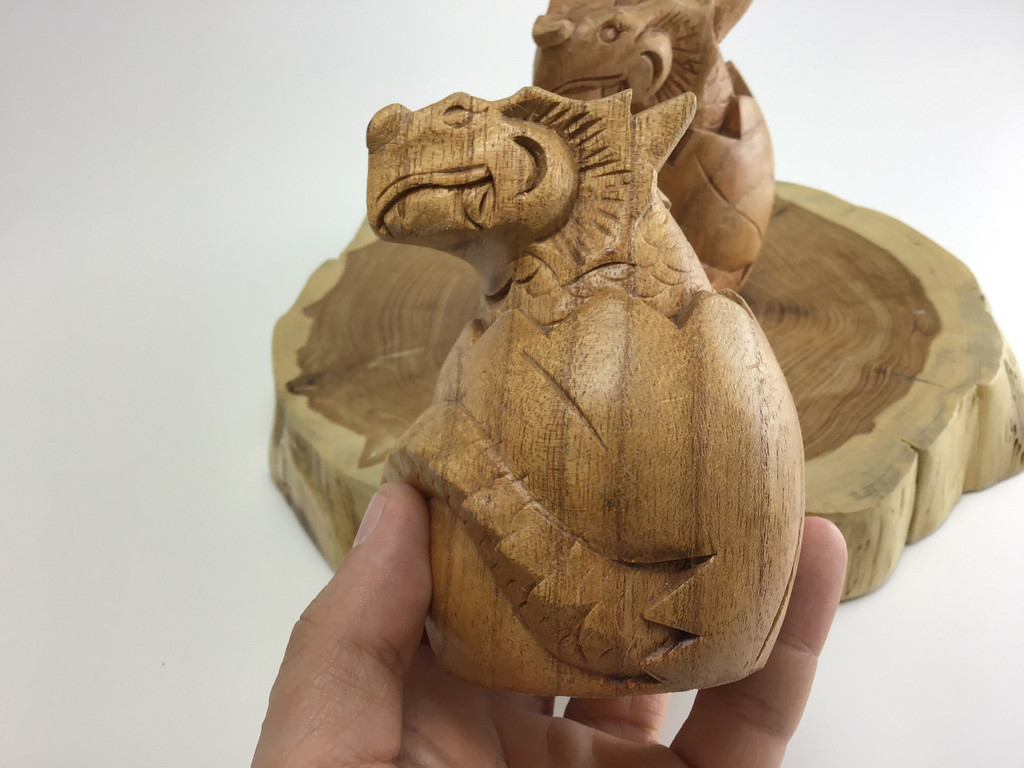 MeldedMind ONE (1) Hand Carved Wooden Baby Dragon in Egg Display Decor