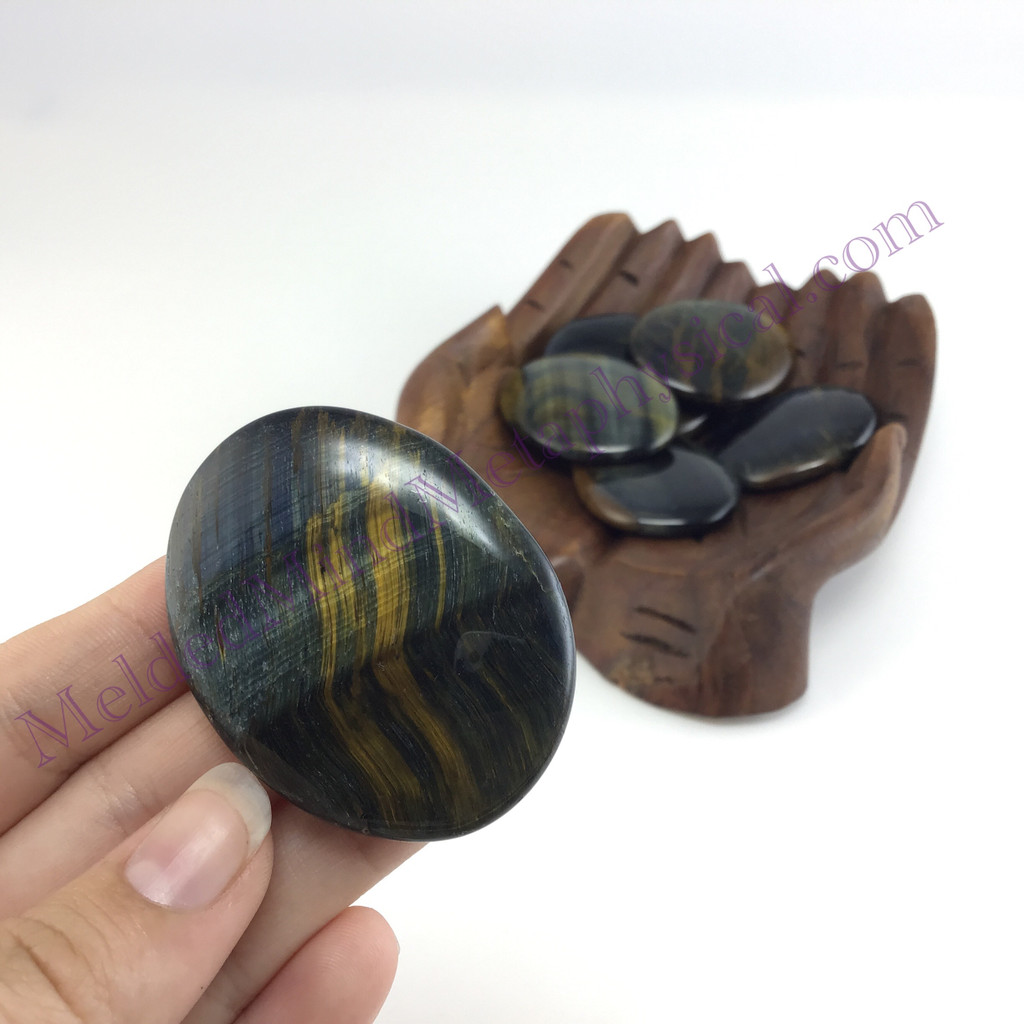 MeldedMind ONE(1) Blue Tiger's Eye Palm Stone 48-52mm Flash Smooth Stone 026