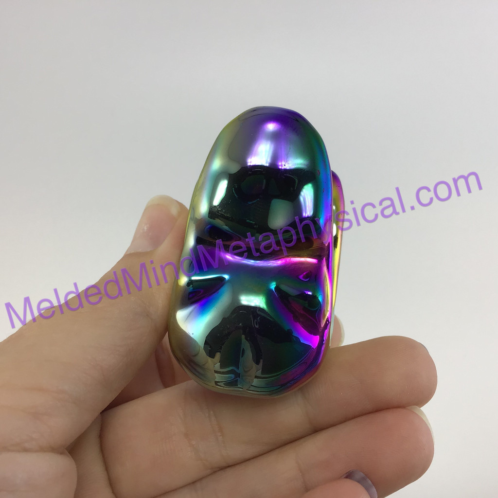 MeldedMind Titanium Aura Coated Quartz Carved Skull 42mm Display Decor Rainbow E