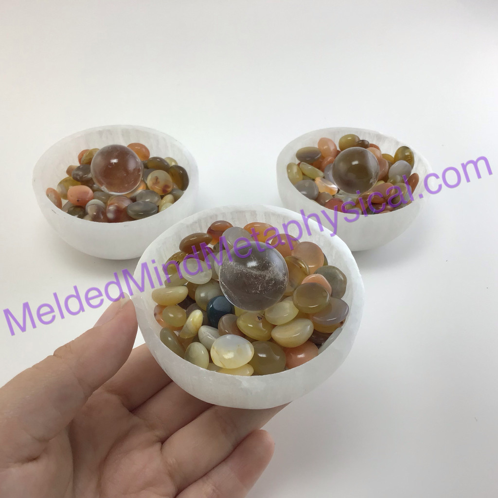 MeldedMind (1) Protection Strength Creativity Agate Chips in Selenite Bowl 008