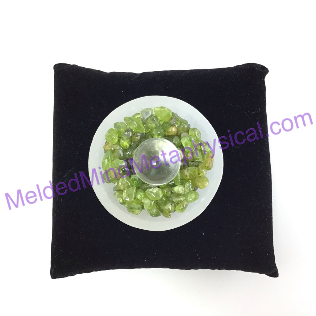 MeldedMind One (1) Healing & Cleansing Peridot Chips in Mini Selenite Bowl 010