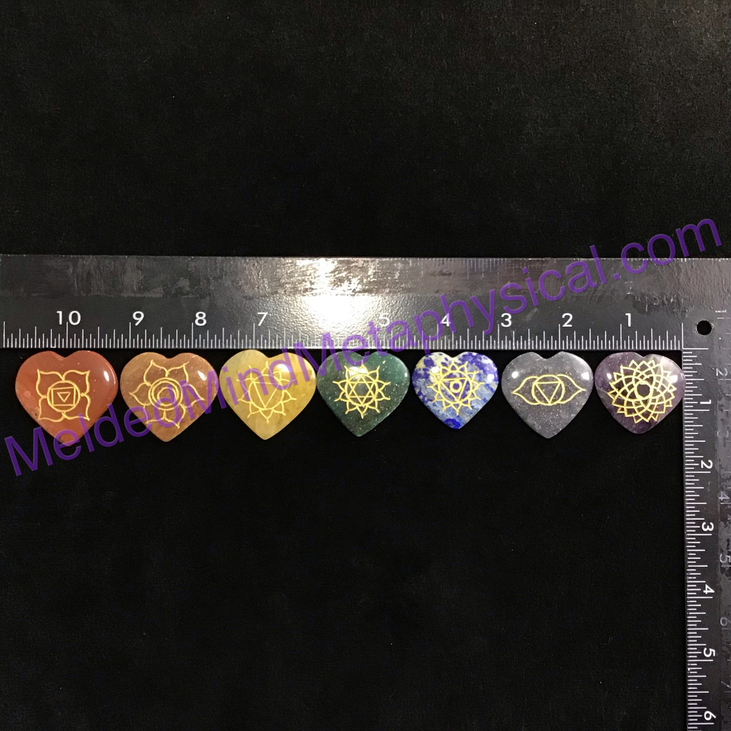 MeldedMind One (1) 7 Engraved Chakra Symbols Set on Heart Stones Holistic Palm 648