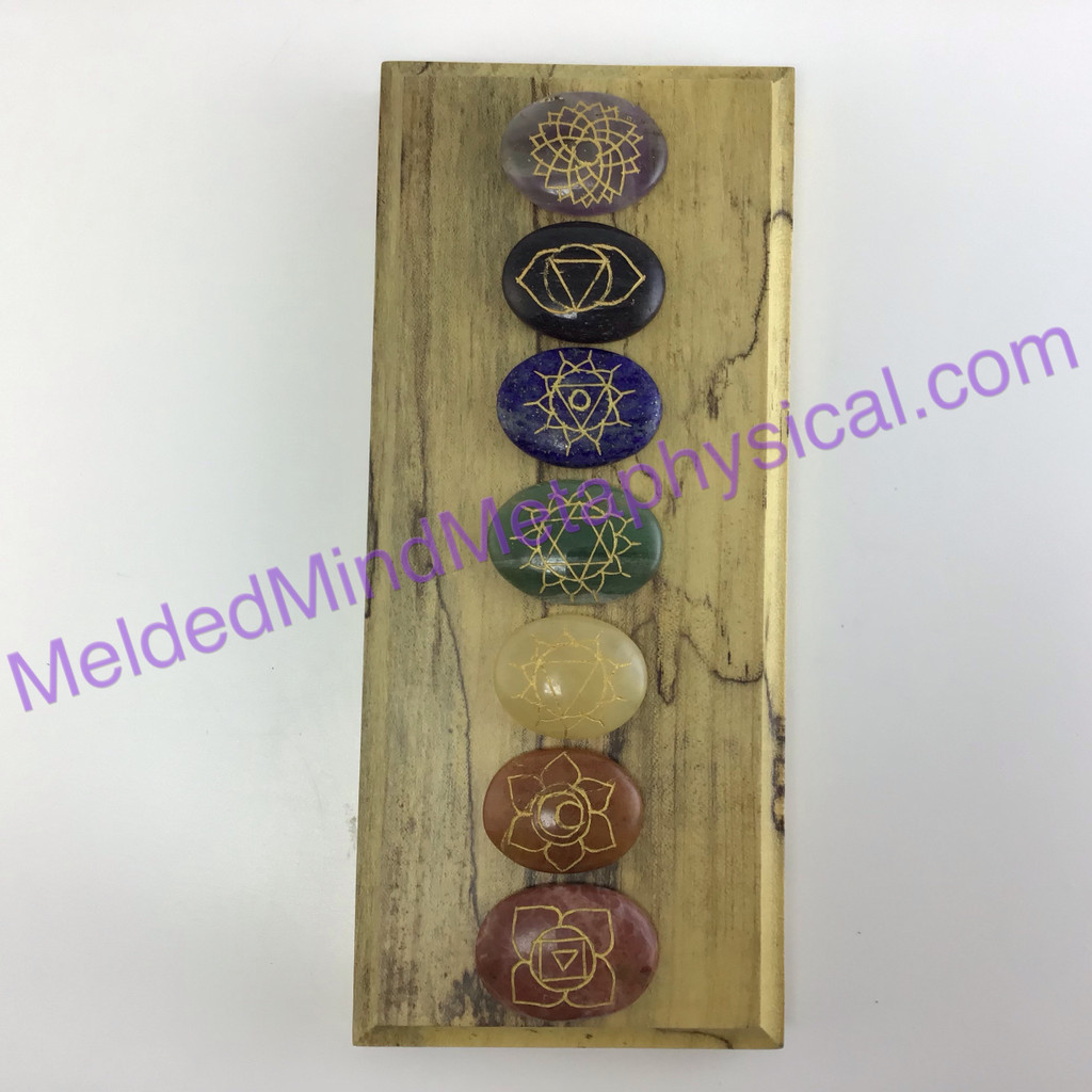 MeldedMind One (1) 7 Engraved Chakra Symbols Set on Oval Stones Holistic Palm 65