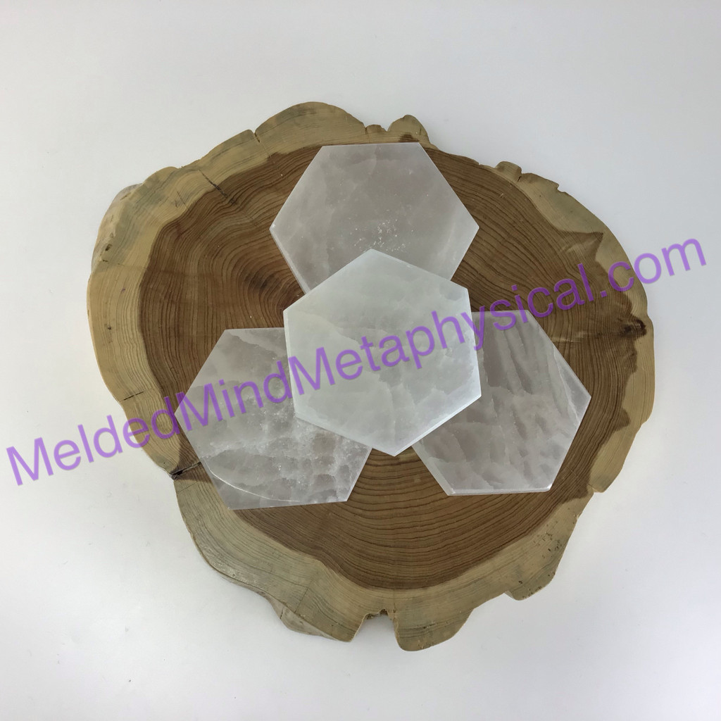 MeldedMind 2.5in Satin Spar Selenite Hexagon Slab Clear White Cleansing Table