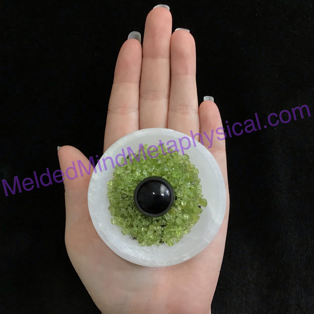 MeldedMind One (1) Peridot Chips & Obsidian Sphere in Spar Selenite Bowl 972