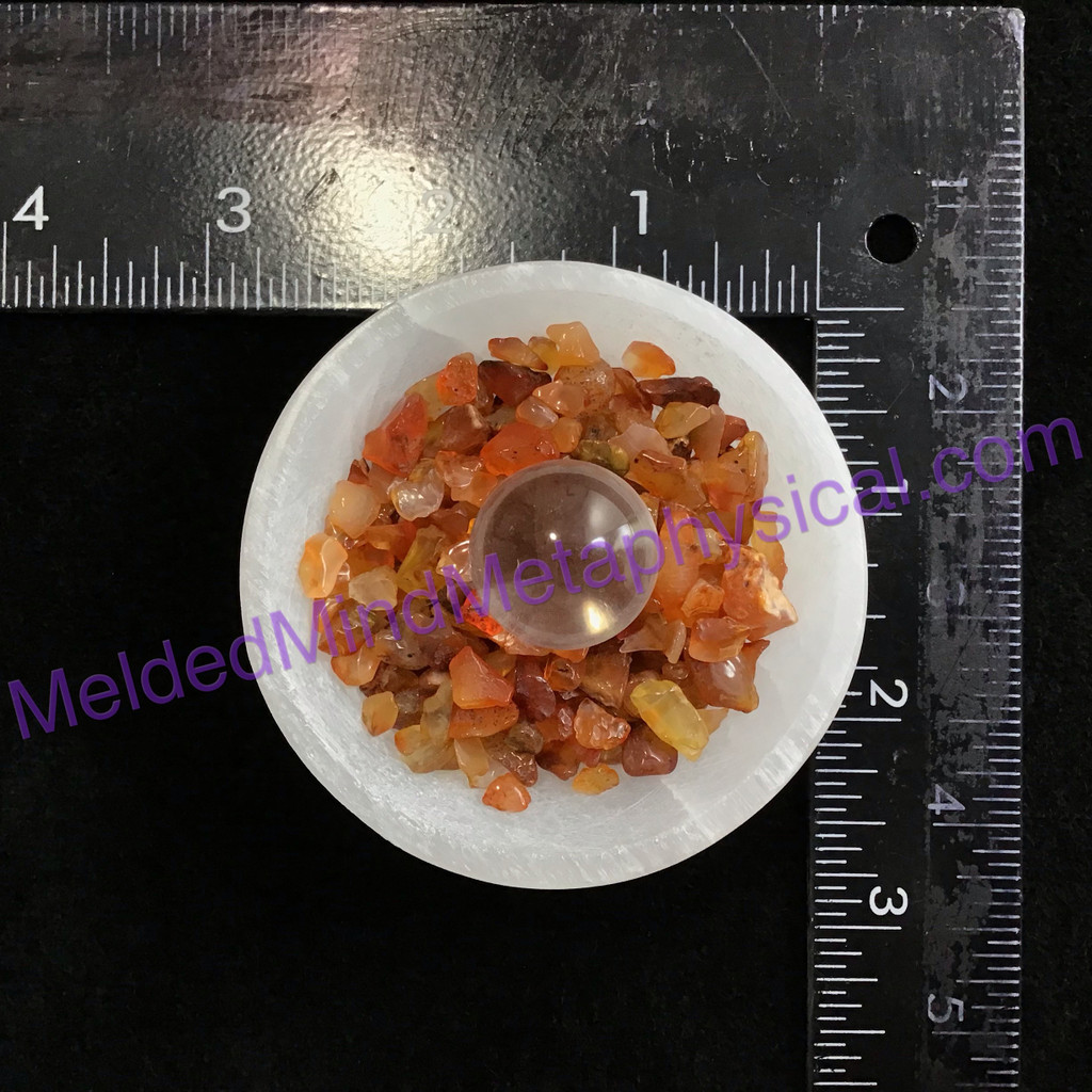 MeldedMind One (1) Carnelian Chips & Clear Quartz Sphere in Spar Selenite Bowl 9
