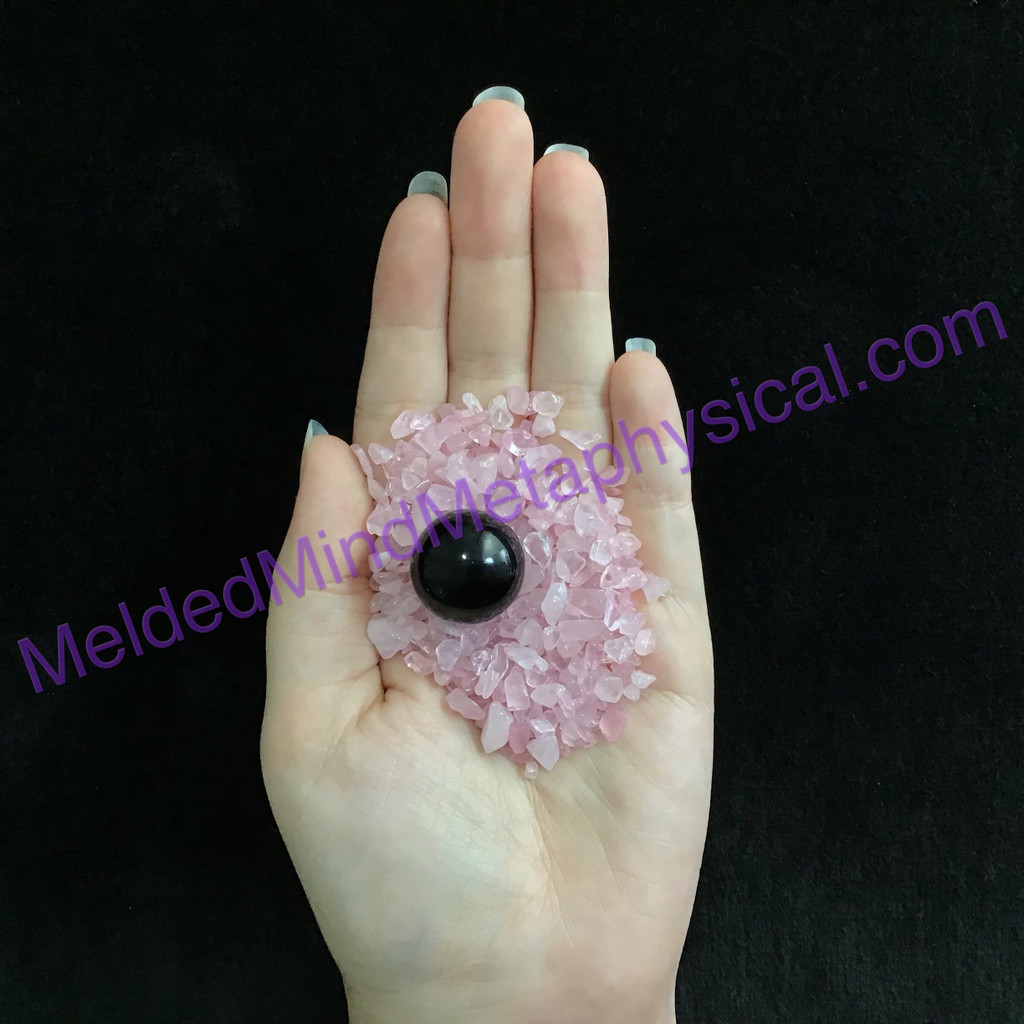 MeldedMind One (1) Rose Quartz Chips & Black Obsidian Sphere in Spar Selenite Bo