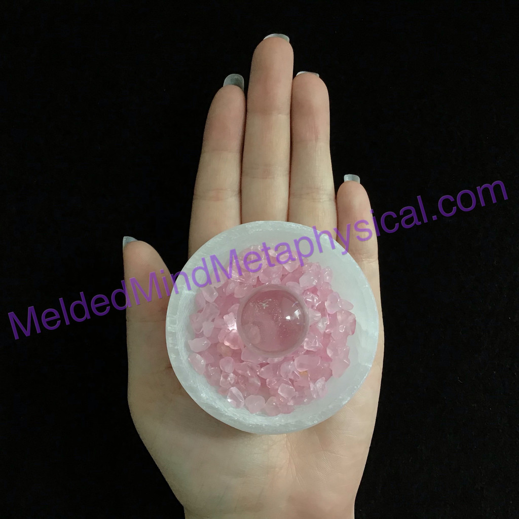 MeldedMind One (1) Rose Quartz Chips & Clear Quartz Sphere in Spar Selenite Bowl