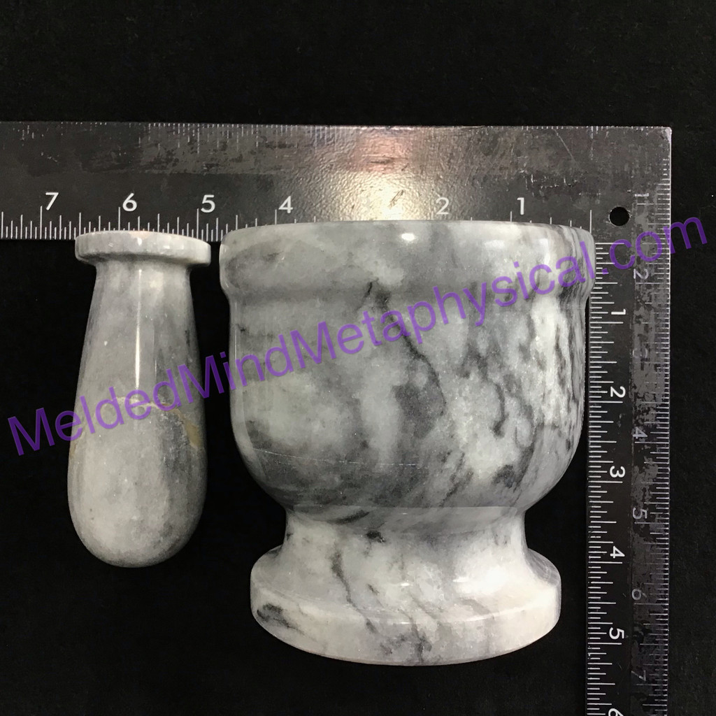 MeldedMind 4in Grey Gray Marble Mortar & Pestle Herb Grinding Holistic Cook 101