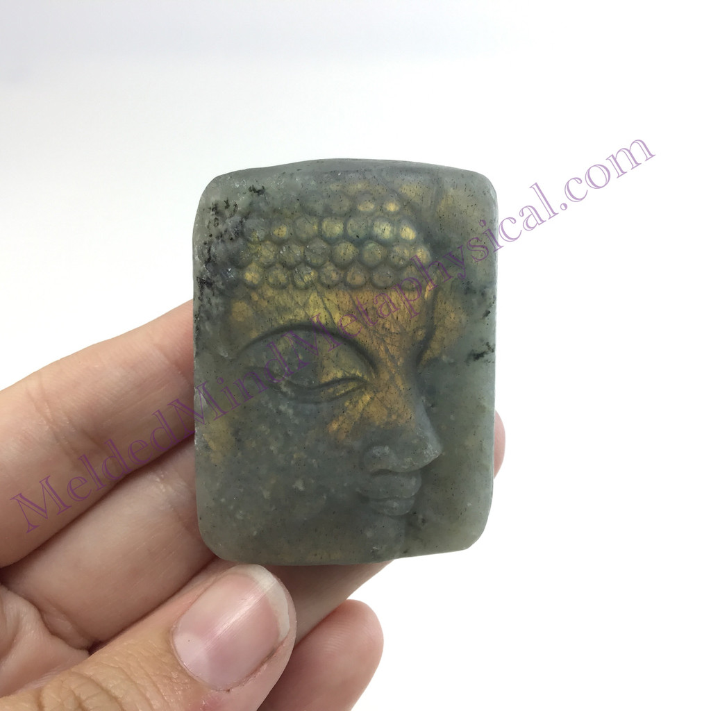 MeldedMind Carved Labradorite Buddha Face 1.75in Natural Flash Crystal 785