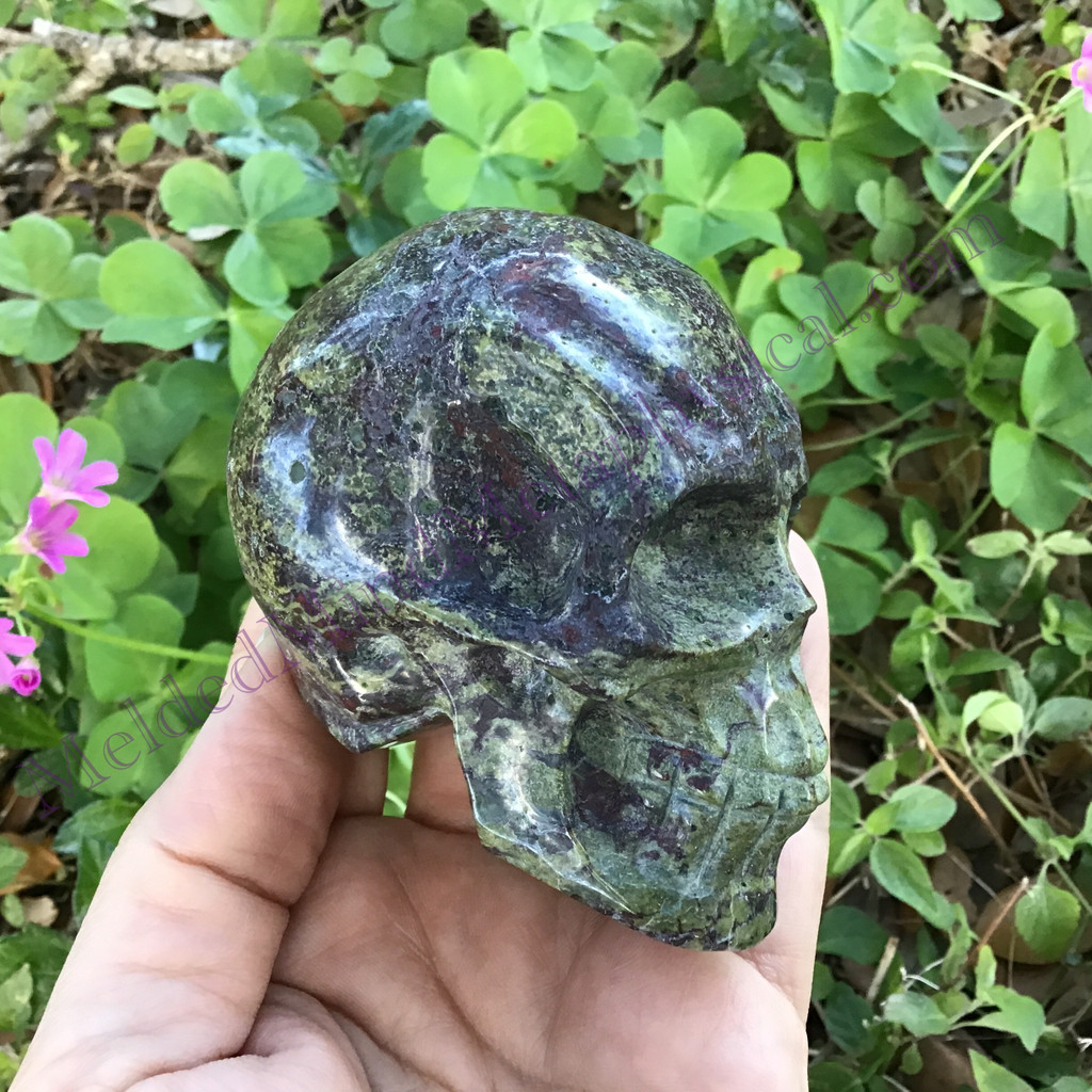 MeldedMind Handcarved Dragon's Blood Jasper Skull 3.2in Stone Skull Decor 304