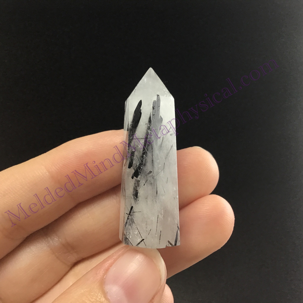 MeldedMind Tourmalinated Quartz Obelisk 1.54in Natural Black & White Crystal 014