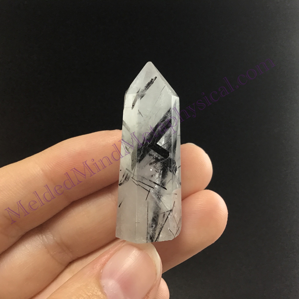 MeldedMind Tourmalinated Quartz Obelisk 1.54in Natural Black & White Crystal 014