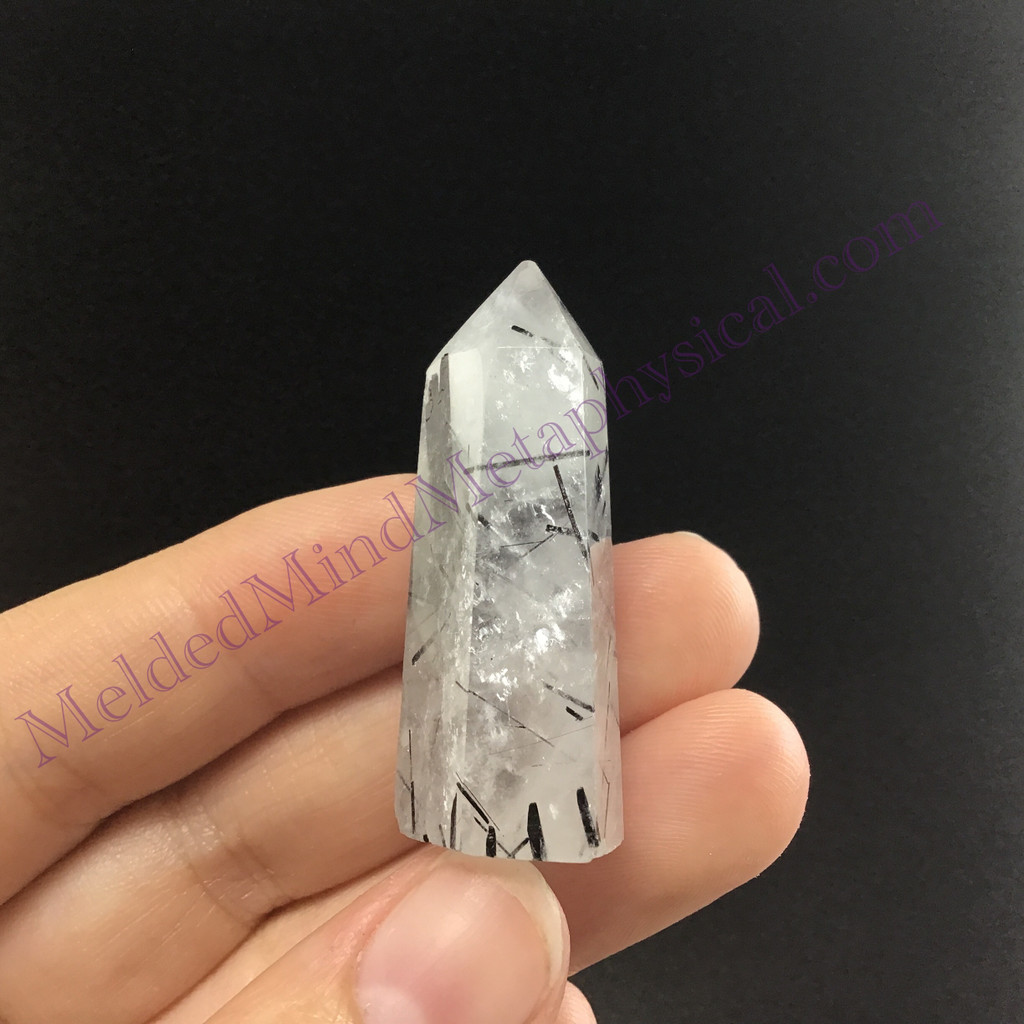 MeldedMind Tourmalinated Quartz Obelisk 1.54in Natural Black & White Crystal 014