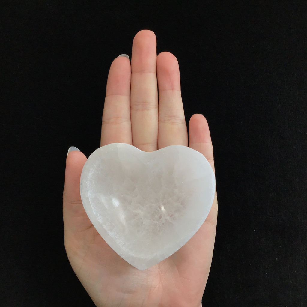 MeldedMind (1) Satin Spar Selenite Heart Bowl up to 3" Natural White Crystal 088