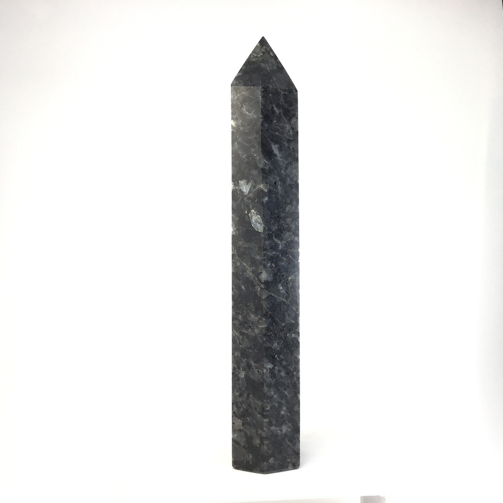 MeldedMind Larvikite Obelisk Point 12.25in Natural Black Crystal Blue Pearl 156